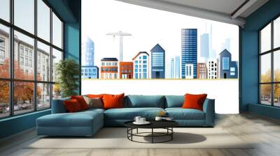 A vibrant city skyline featuring modern buildings, trees, and a clear sky, showcasing urban growth and architectural diversity. Wall mural