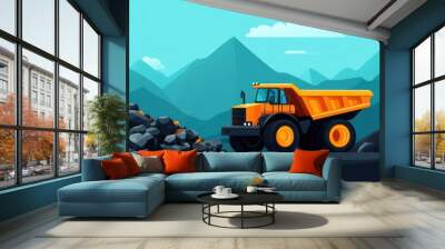 A vivid illustration of a dump truck transporting materials in a mountain landscape, showcasing industrial machinery in action. Wall mural