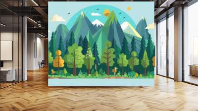 Colorful flat design illustration of a beautiful mountain forest landscape with trees, mountains, and wildlife under a blue sky. Wall mural