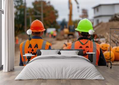 Construction workers wearing Halloween-themed safety vests with pumpkins in the background, celebrating the holiday while on the job site. Wall mural