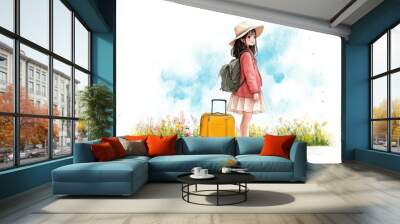 Girl with suitcase and bunny in nature. Wall mural