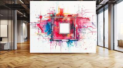 Minimalistic watercolor of a Central Processing Unit (CPU) on a white background, cute and comical. Wall mural