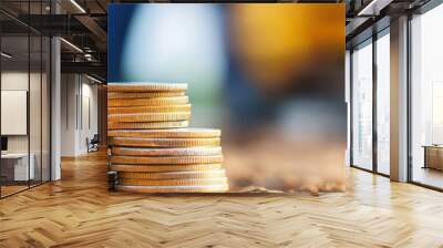 Stack of coins on blurred background Wall mural