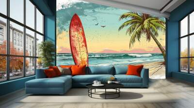 Surfboard clipart leaning against a palm tree Wall mural