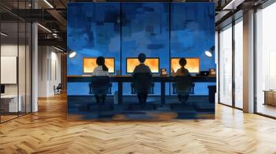 Three individuals working at computers in a dark room, illuminated by screen light, showcasing productivity and focus. Wall mural