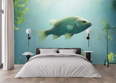 Underwater scene featuring two fish swimming among lush aquatic plants with rays of light filtering through the water. Wall mural