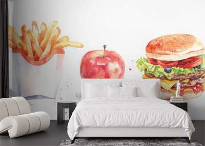 Watercolor illustration of French fries, an apple, and a burger showcasing a mix of healthy and fast food options on a white background. Wall mural