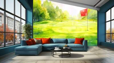 Watercolor painting of a golf course with lush green landscape, trees in the background, and a red flag on the green on a sunny day. Wall mural