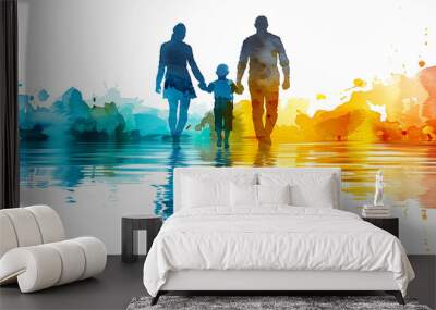 Watercolor painting of Father and Mother holding their son, symbol of care and love for children with Autism Spectrum Disorder, ASD. Wall mural