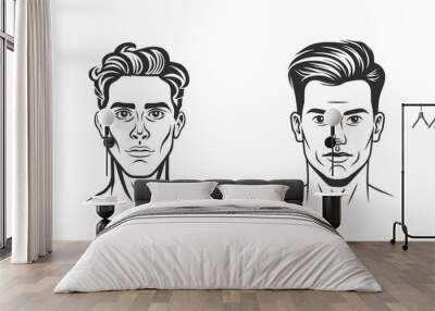 Black and white line drawing illustration of the front view of a male face with different hair styles in simple lines. AI generated. Wall mural