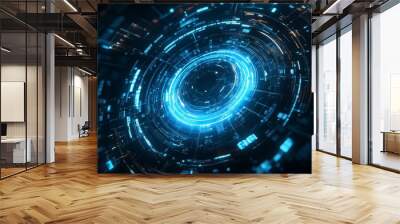  Abstract futuristic digital background with a glowing blue light ring and hologram elements on a dark backdrop, an AI technology concept Wall mural