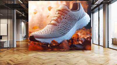  insulated running shoes, cold deep autumn background  Wall mural