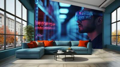 A supply chain manager using AI-powered glasses to monitor logistics in a smart warehouse, with glowing holographic data overlays, High-tech office setting, Neon accents Wall mural