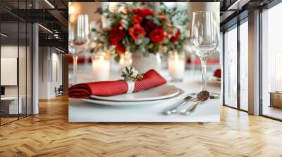 Elegant Table Setting with Red Napkins and Flowers Wall mural