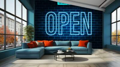 Editable 3d text style effect -  Open Blue Neon  text effect Template Wall mural