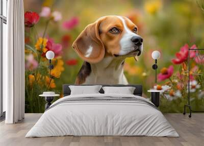 A beagle resting among colorful wildflowers in a serene outdoor setting. Wall mural