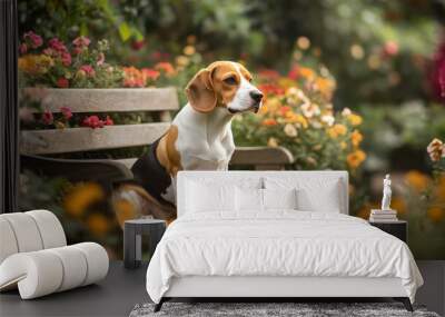 A beagle sitting on a bench surrounded by colorful flowers in a serene garden setting. Wall mural