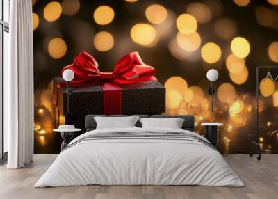 A beautifully wrapped gift box with a red ribbon, surrounded by soft glowing lights. Wall mural