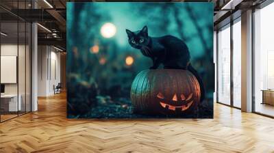 A black cat perched on a carved pumpkin in a spooky, moonlit Halloween setting. Wall mural