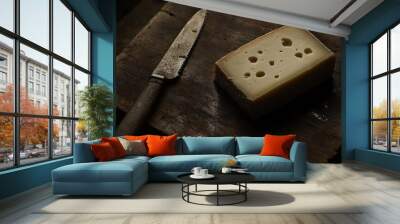 A block of cheese with holes and a knife on a rustic wooden surface. Wall mural