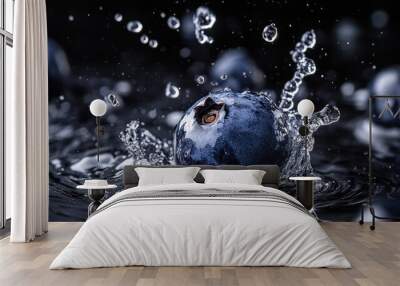 A blueberry splashes into water, creating dynamic ripples and droplets. Wall mural