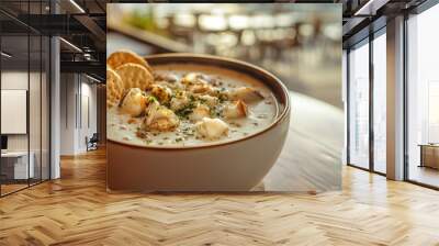 A bowl of creamy soup garnished with herbs and served with crackers on a wooden table. Wall mural