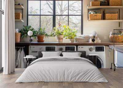 A bright laundry room featuring modern appliances, plants, and organized storage. Wall mural