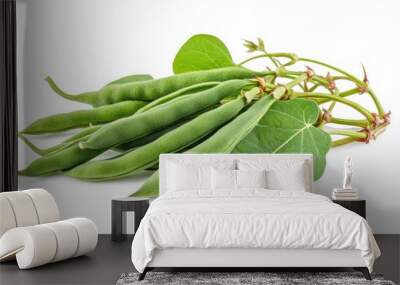 A bunch of fresh green beans with leaves, showcasing their natural appearance. Wall mural