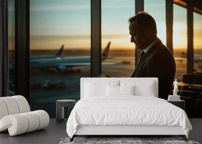 A businessman checks his phone at an airport during sunset, with planes in the background. Wall mural