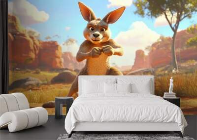 A cartoon rabbit stands confidently in a vibrant desert landscape. Wall mural