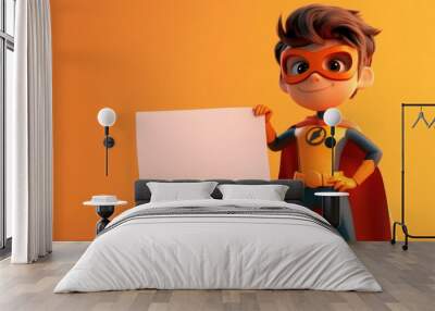 A cartoon superhero boy in a colorful costume holds a blank sign against an orange background. Wall mural