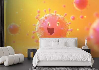 A cartoonish virus character with a happy expression in a colorful, glowing environment. Wall mural