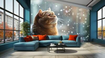 A cat gazing out at falling snowflakes through a window, evoking a cozy winter atmosphere. Wall mural