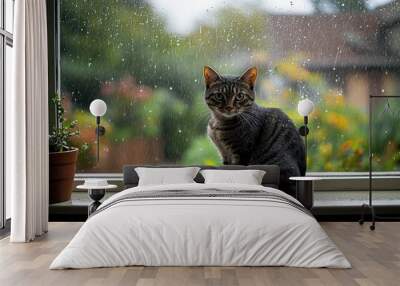 A cat sitting on a windowsill, gazing out at a rainy garden scene. Wall mural