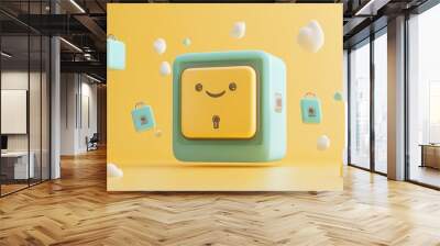 A cheerful, cartoonish safe with locks and clouds, symbolizing security and protection. Wall mural