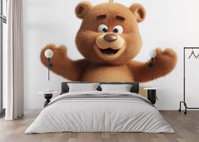 A cheerful cartoon bear emerges from a box, expressing joy and excitement. Wall mural