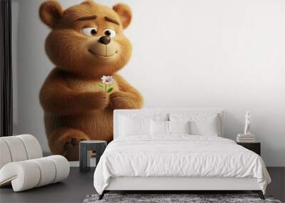 A cheerful cartoon bear holding a flower, conveying a sense of innocence and joy. Wall mural