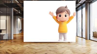 A cheerful cartoon boy in a yellow hoodie with arms raised, expressing joy and excitement. Wall mural