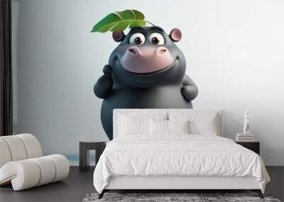 A cheerful cartoon hippo with a leaf on its head, exuding a playful and friendly vibe. Wall mural