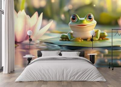 A cheerful frog perched on a lily pad in a serene pond setting. Wall mural