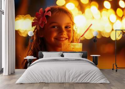 A cheerful girl enjoys a colorful drink against a glowing background. Wall mural