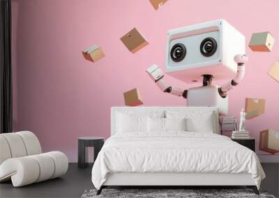 A cheerful robot surrounded by floating packages against a pink background. Wall mural