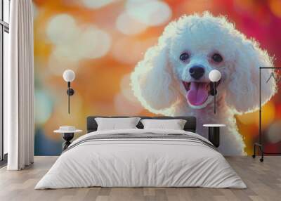 A cheerful white poodle with a bright background, showcasing its playful personality. Wall mural