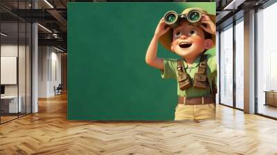 A cheerful young boy with binoculars, exploring his surroundings with excitement. Wall mural