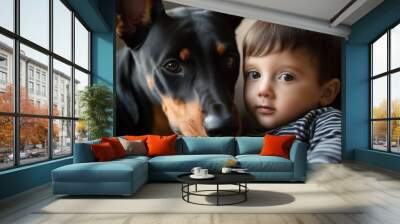 A close-up of a child and a Doberman relaxing together on a couch. Wall mural