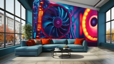 A close-up of a computer cooling system with vibrant lighting. Wall mural