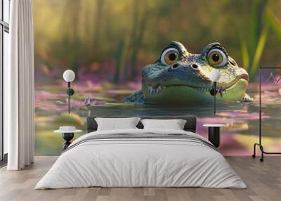 A close-up of a frog in a serene pond surrounded by pink water lilies. Wall mural