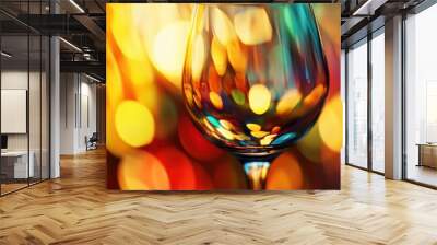 A close-up of a glass reflecting colorful bokeh lights in a vibrant setting. Wall mural