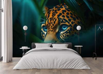 A close-up of a jaguar's face peering through foliage, showcasing its striking blue eyes. Wall mural