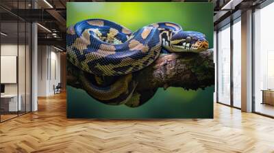 A close-up of a python resting on a branch, showcasing its vibrant scales and natural habitat. Wall mural